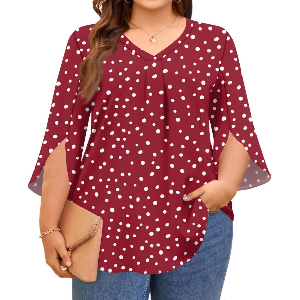 Women's Prined V-neck Plus Size Tops 3/4 Sleeves Elegant Shirt Tops