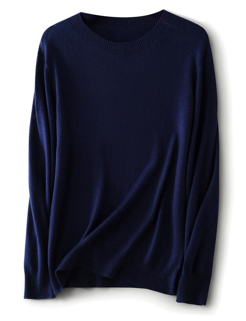Women's Solid Color Wool Pullover Sweater - Round Neck, Long Sleeve, Versatile Base Layer Knitwear