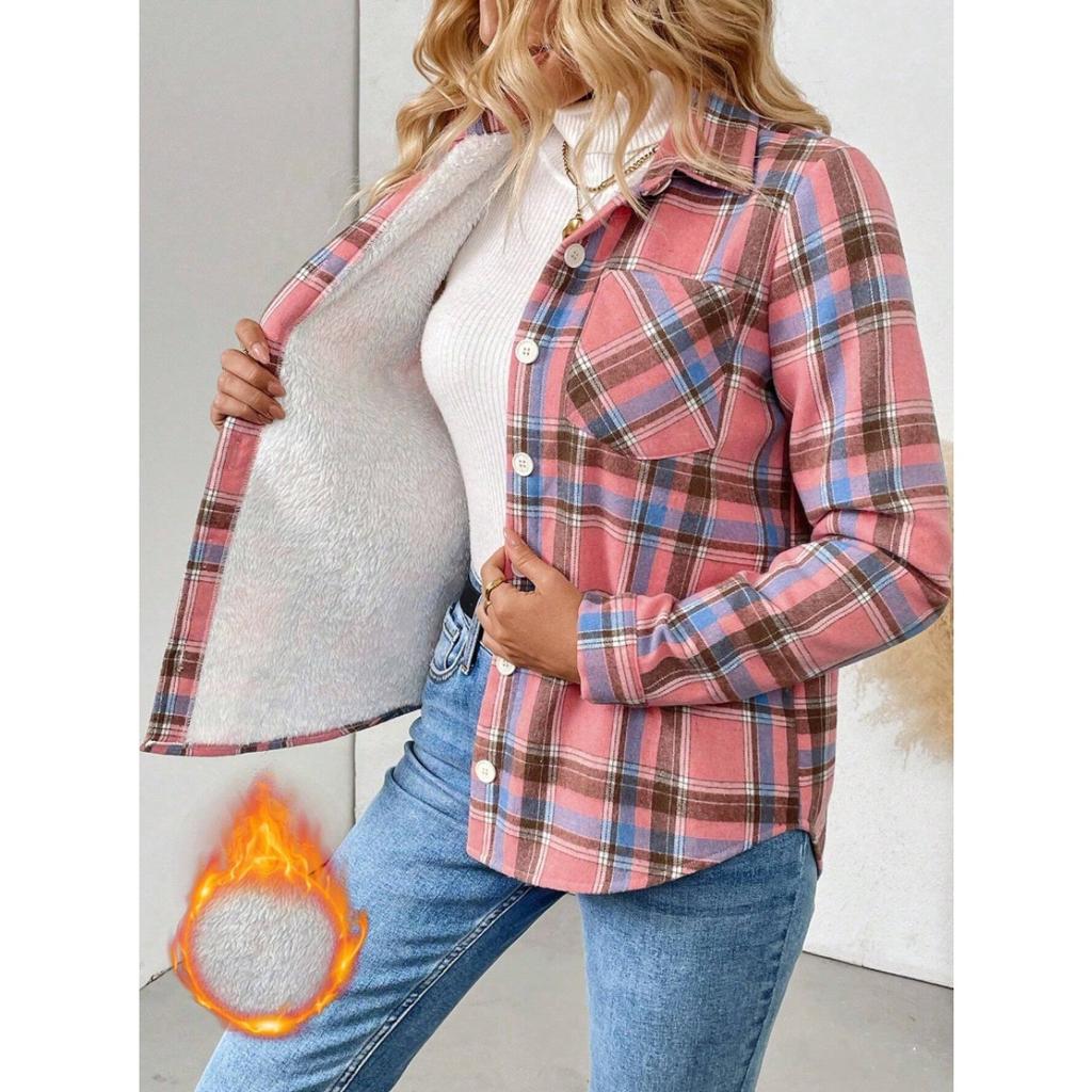 Ladies', Plush, Warm Shirt, Button Up, Lapel, Pocket, Plaid Top, Casual Shirt