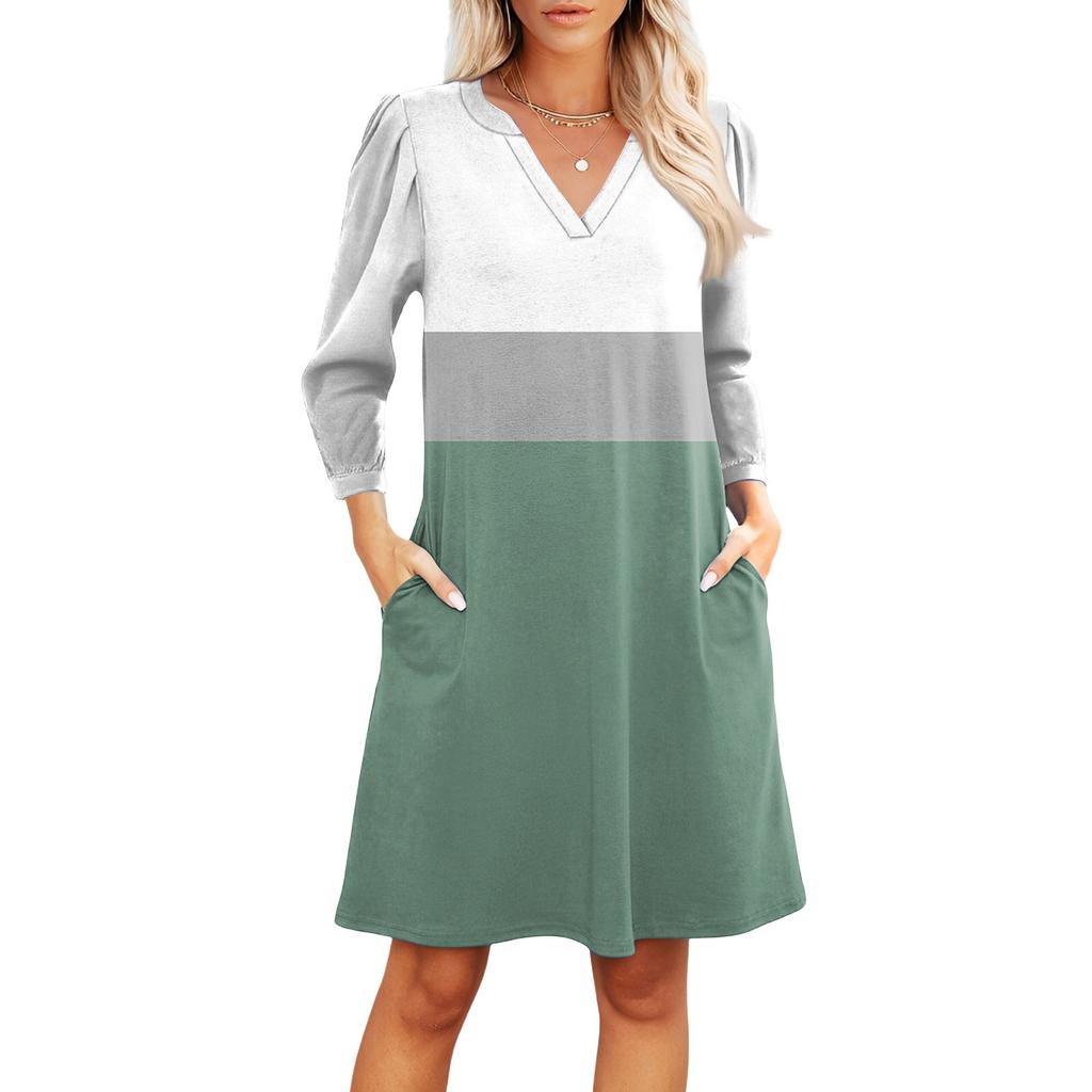 Women's Fashion V-neck Casual Beach Dress Three-quarter Sleeves Striped Print Dress