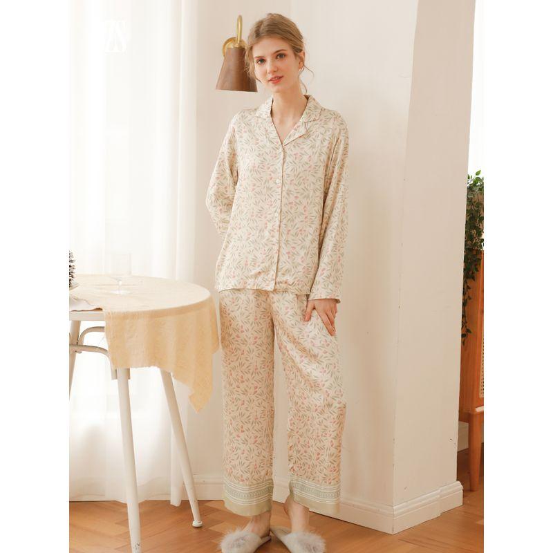 2024 Floral Pants Lily Long Sleeves Cotton Silk Short Sleeve Satin Cotton Silk Elegance Pajamas Can Be Outerwear Homewear Women