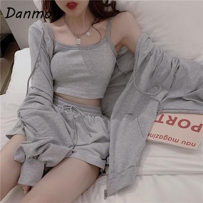 Danmo Summer Fashion Women Tracksuit Clothes 3 Piece Set Woman Sports Suits Zipper Jacket+Short Camisole+High Waist Drawstring Shorts Outfit