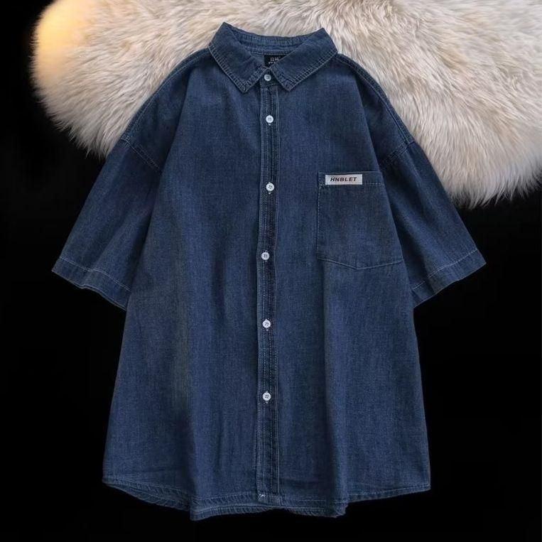 Summer short-sleeved denim shirt trendy solid color ruffian handsome Hong Kong style thin Japanese shirt casual jacket