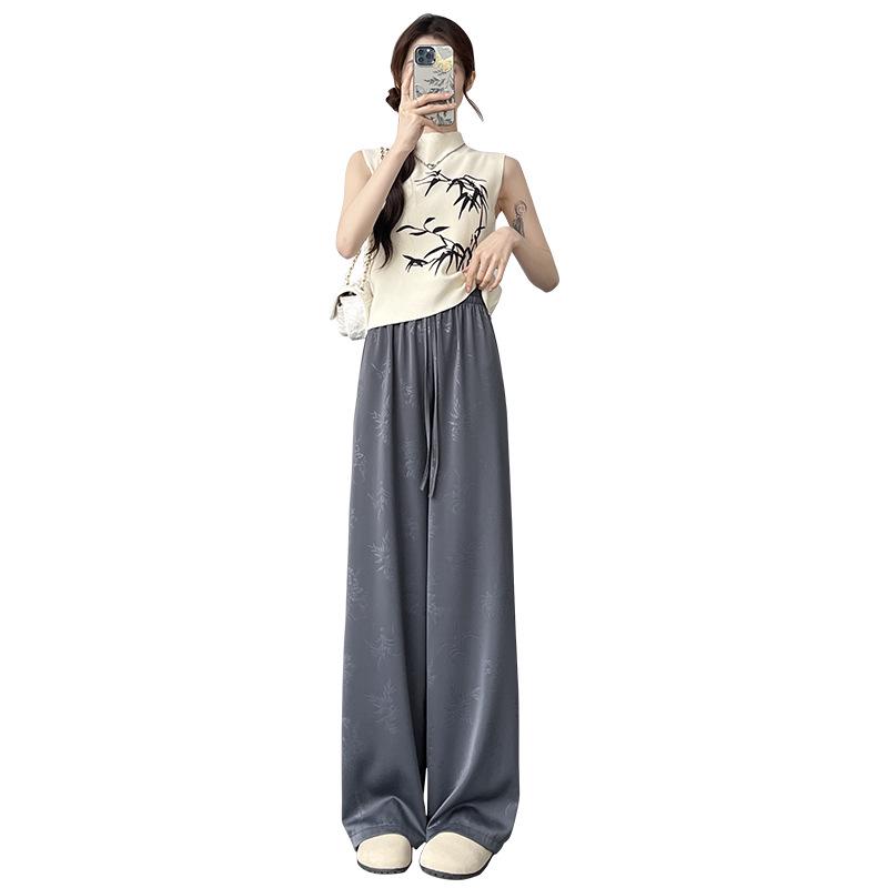 Spring 2025 New Chinese Jacquard Satin Wide-Leg Ice Silk Pants – Women's Popular Casual Style