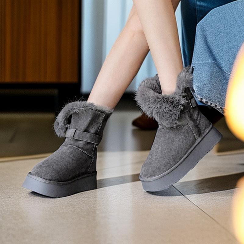2025 Winter New Short Tube Two Wear Snow Boots Women's Platform Short Boots Piled and Thickened Large Northeast Gray Fluffy Cotton Shoes