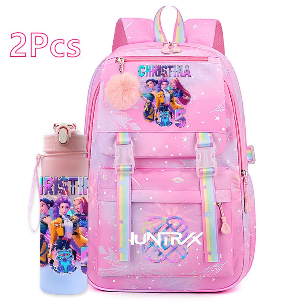 2Pcs/set Cute K-Pop Demon Hunters Printed Backpack with 750Ml Water Bottler for Teenager Student Girl Boy Large Capacity Waterproof Bookbag Travel Bag