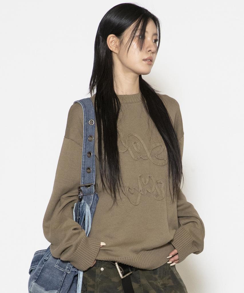 GLACK Gnt070 Vhs Line Embroidery Crew Neck Knit (Olive)