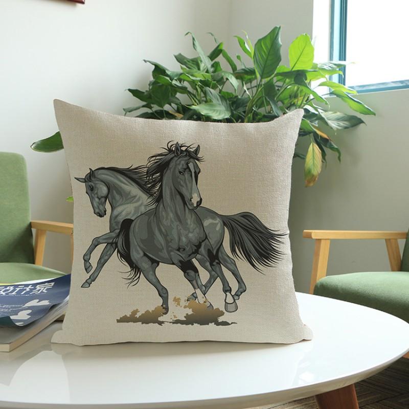 Horse Cushion Cover Cotton Linen Beige Sofa Decorative Pillows Covers Animals Black Horse Pillow case for waist back Car Seat