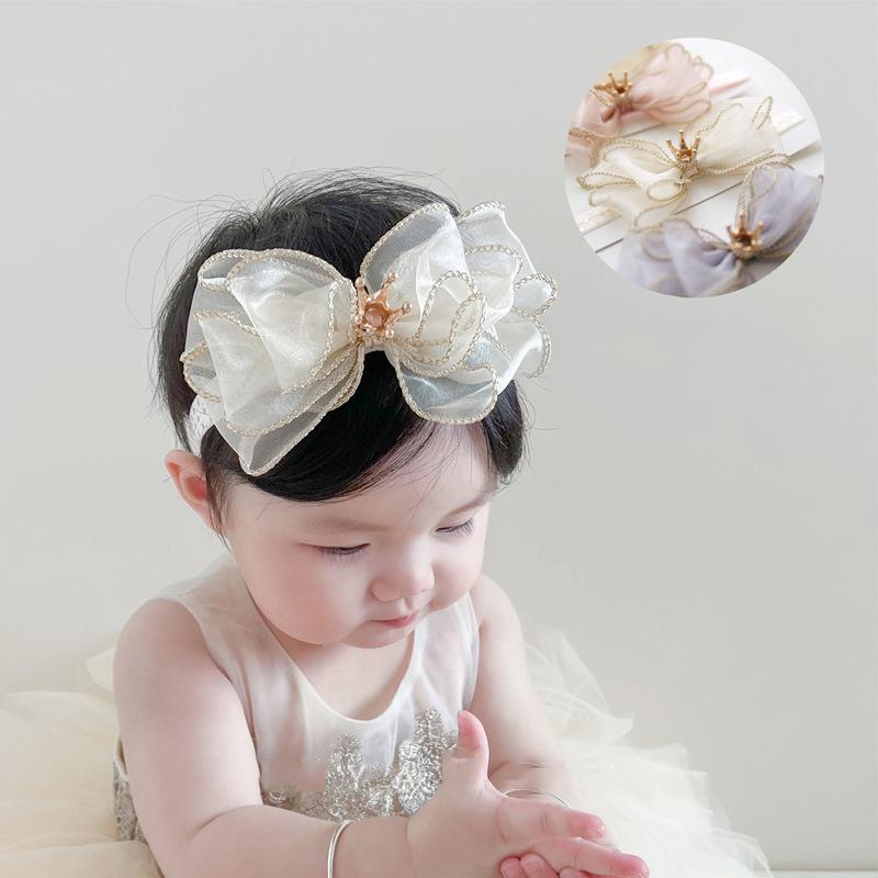Mesh Bows Baby Headband Princess Bowknot Crown Hair Bands for Newborn Girls Elastic Infant Turban Headwear Kids Hair Accessories