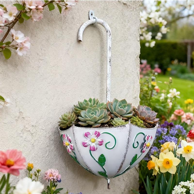 Umbrella Shaped Wall Mounted Iron Planter Decorative Hanging Flower Pot Succulents Indoor Outdoor Garden Home Plant Container