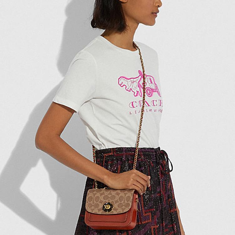 Coach Madison 16 Camellia Turnlock Signature Logo Color Block Small Leather Shoulder Bag Women Shoulder Bag Brown Multicolor C0829-B4NQ4