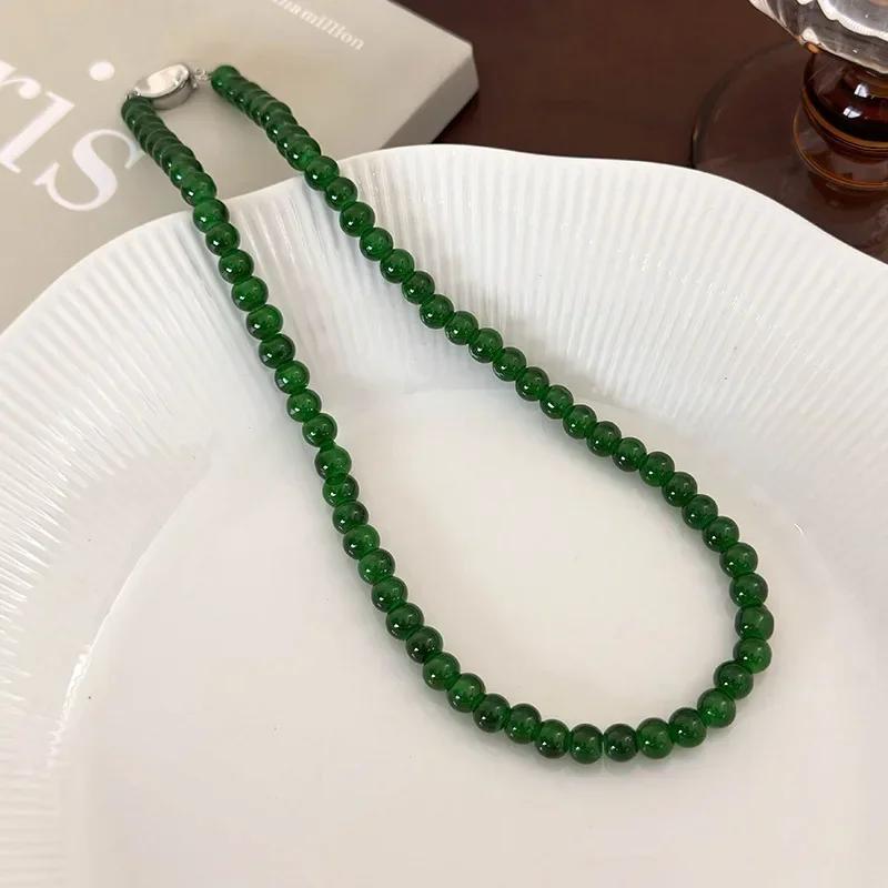 Minar 2026 New 4 6 8 10mm Green Color Glass Beads Strand Beaded Necklace for Women Female Silver Plated Toggle Clasp Chokers