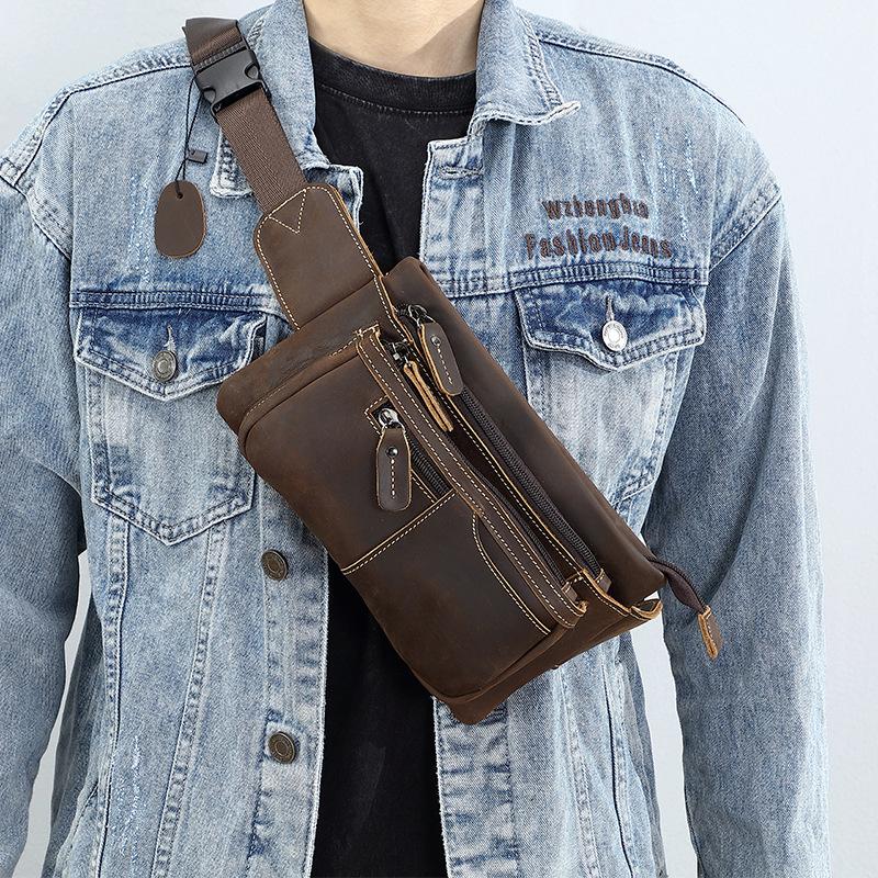 New Chest Bag, Retro Men's Bag, Leather Waist Bag, Outdoor Sports Small Bag, Cowhide Shoulder Bag, Motorcycle Bag, Multifunctional