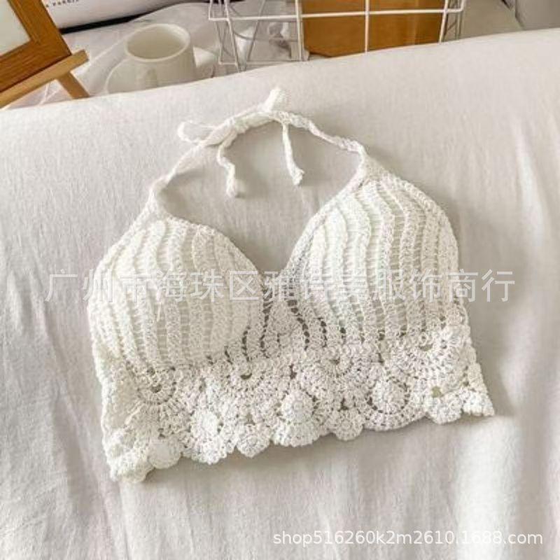 New fashionable and sexy tube top with small suspenders for women's summer seaside beach lace-up hollow knitted neck top