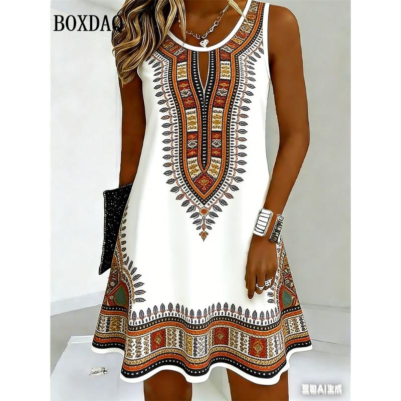 

Vintage Ethnic Floral Printing Dress Women 2026 Summer O-Neck Sleeveless Loose Vest Dresses Casual Bohemian Print XL