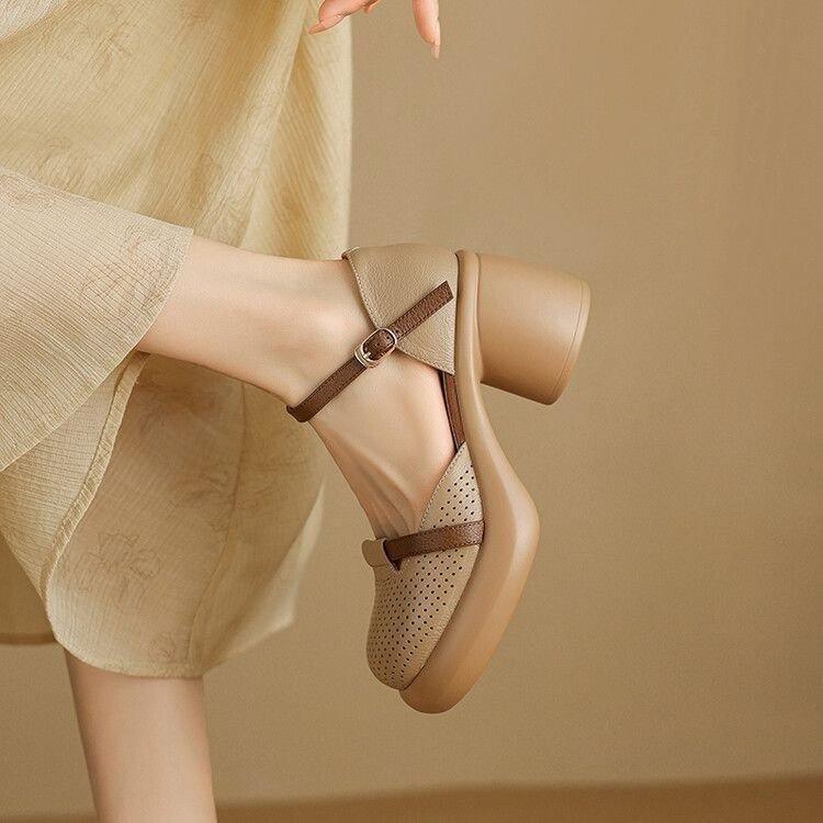 Retro style color matching thick-soled high-heeled sandals women's summer bag head hollow thick heel casual one-button Roman shoes