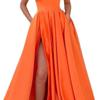 Lady Dress Side Slit A-Line Satin Sleeveless Spaghetti Straps Banquet Dress for Parties