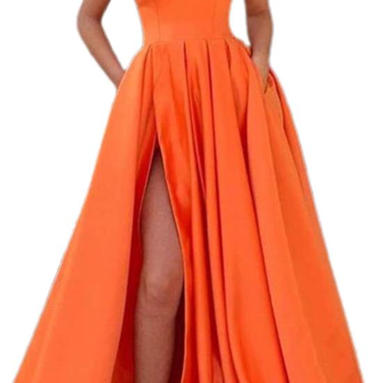 Lady Dress Side Slit A-Line Satin Sleeveless Spaghetti Straps Banquet Dress for Parties