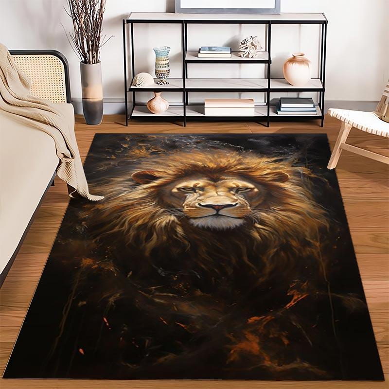 Realistic Lion Portrait Carpet with Fiery Background for Living Room Suitable for use as an anti-slip for living room bedroom sofas