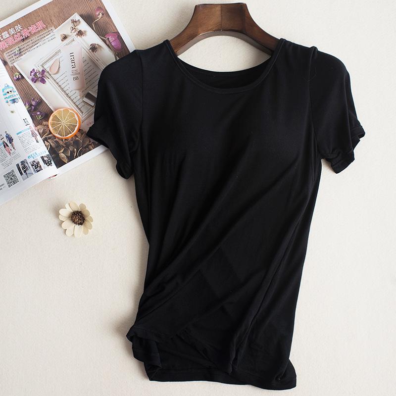 

Спортивная футболка для йоги с короткими рукавами и встроенными подушечками — беспроводная, бюстгальтер не нужен — идеально подходит для лета и осени. XL (120-140 lbs) чёрный