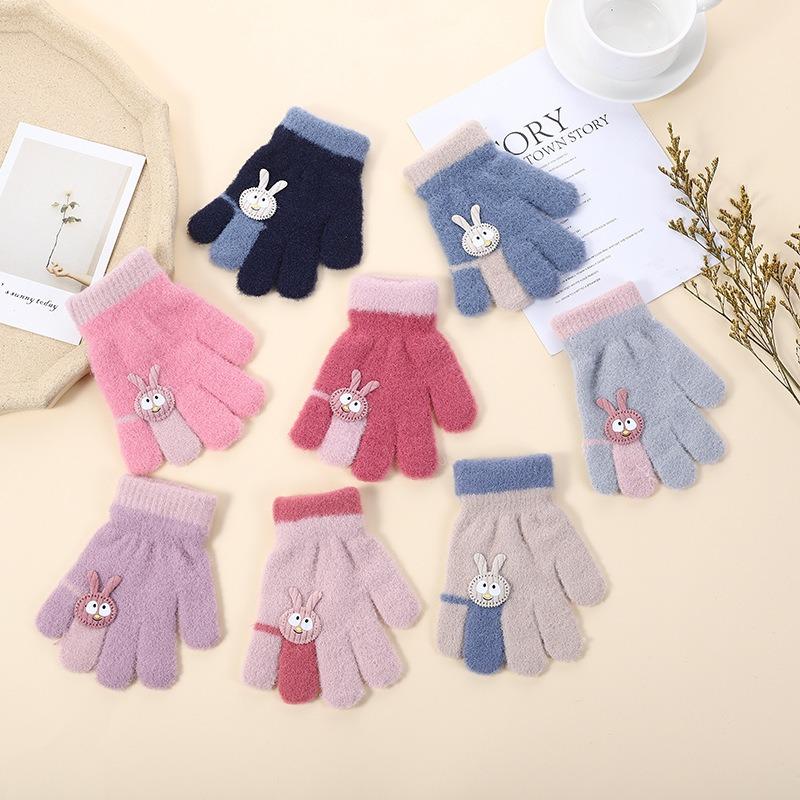 New Children's Gloves Female Cute Cartoon Bunny Autumn and Winter Warm and Cold-proof Boy and Girl Baby Knitted Gloves