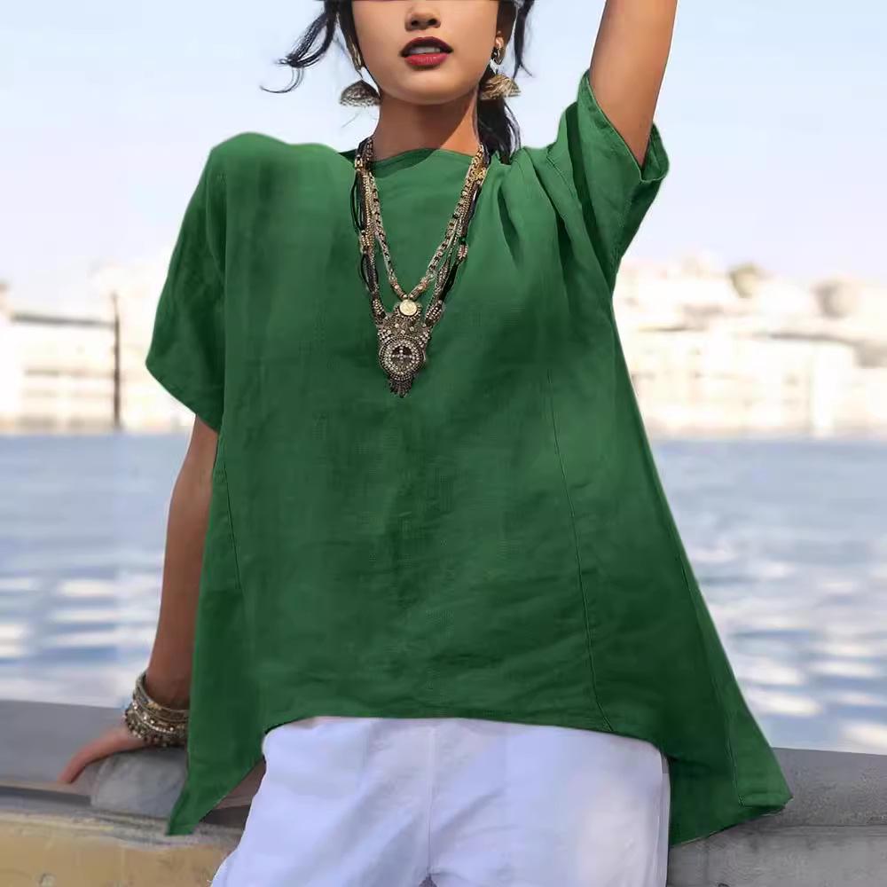 2024 Damen Frühling/Sommer Einfarbig Baumwolle-Leinen Locker Rundhals Shirt mit Unregelmäßigem Saum und Kurzen Ärmeln.