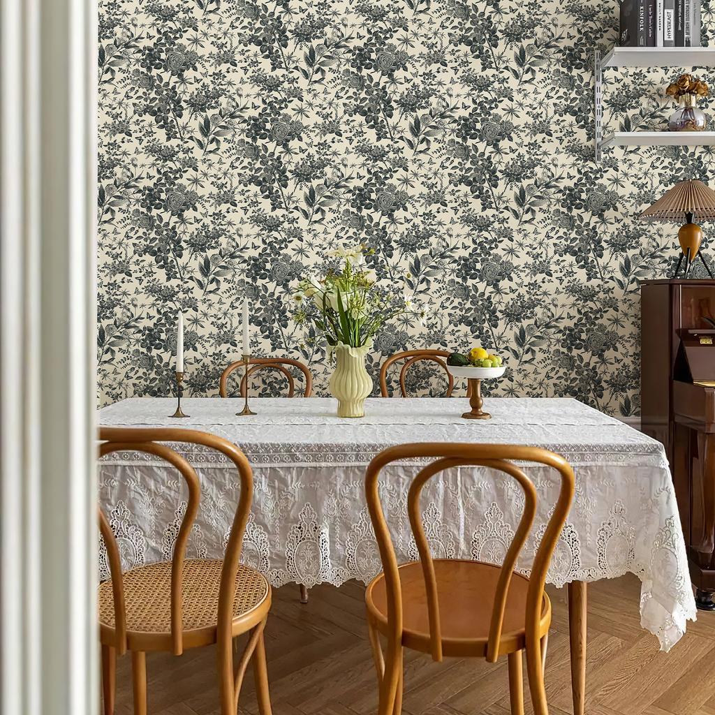 Retro Black Floral PVC Home Wall Decoration Vintage Peel And Stick Flower Wallpaper Kitchen Vinyl Cabinet Sticker