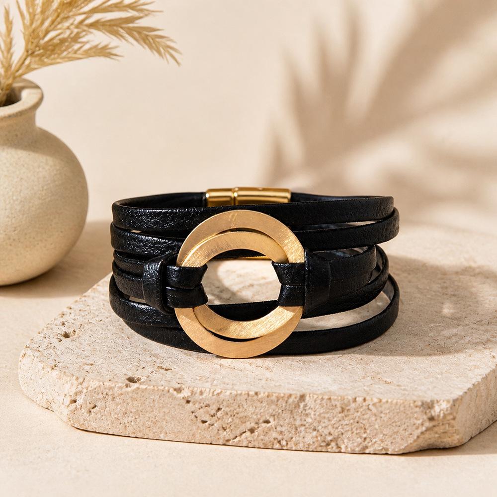 European and American jewelry classic geometric ring pu magnetic buckle bracelet multi-layer bohemian wristband bracelet