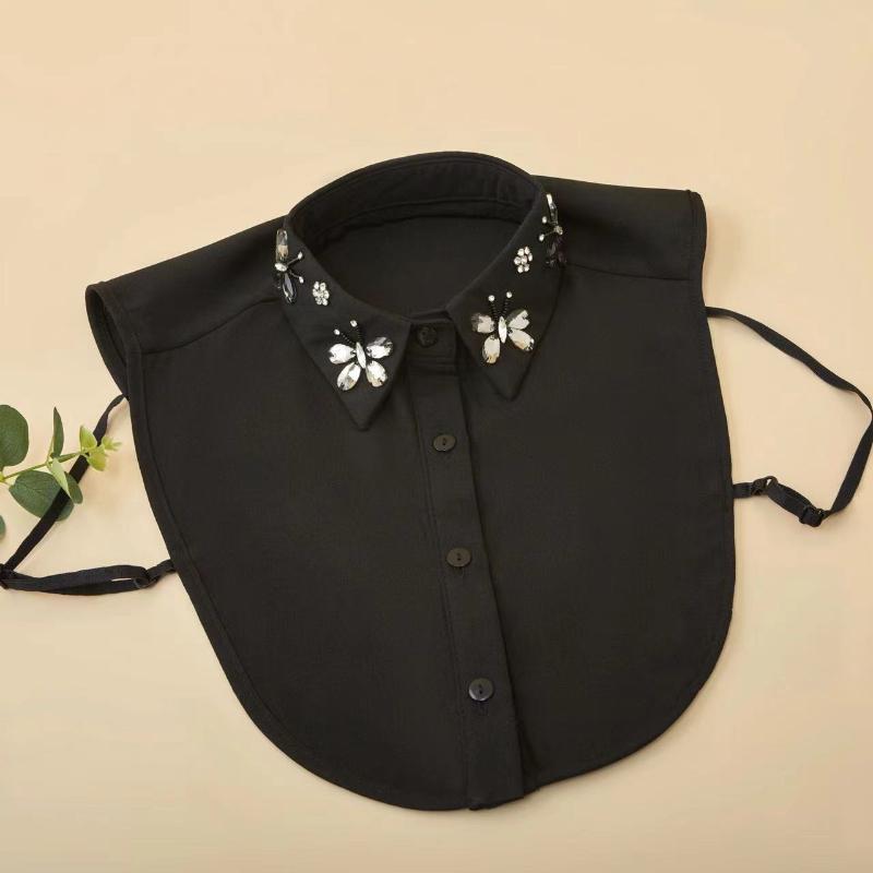 

Женский модный шифоновый воротник ручной работы с бисером для свитеров, воротник-подставка с рубашкой-основой, универсальный декоративный воротник-подставка чёрный