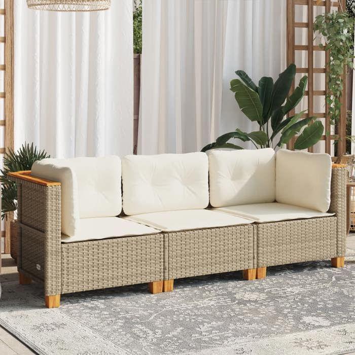 VidaXL Garden Sofa with Cushions 3-seater Beige Woven Resin, Outdoor Sofa, Garden Seat, Garden Sofa 365919
