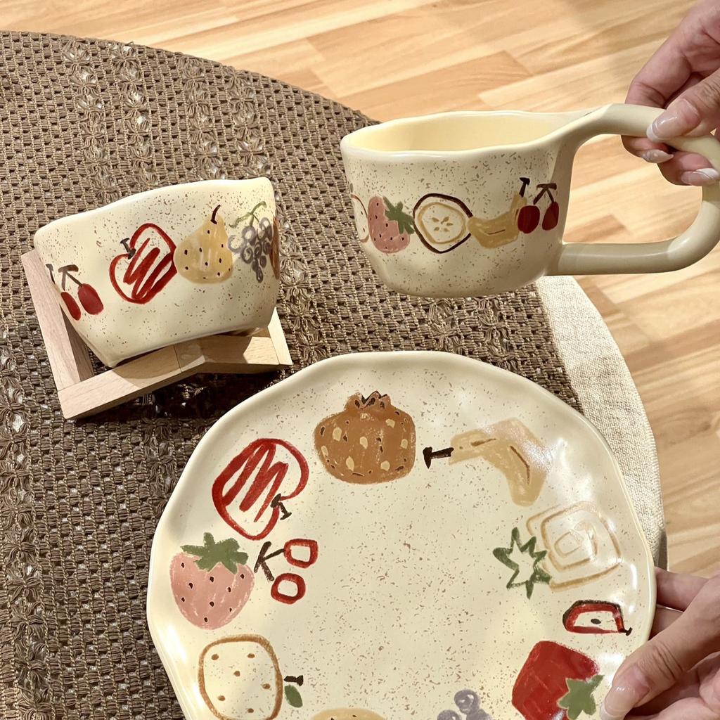 Doodle Fruit Hand Painted Ceramic Plate Splash Ink Breakfast Dessert Single Serving Plate Set High Value