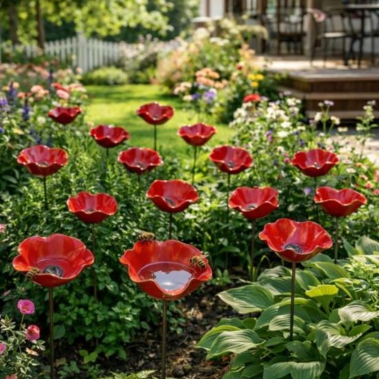 Handmade Metal Flower Garden Stake Outdoor Bird Bath Bowl for Bees Butterflies Pollinator Watering Station for Garden Lawn Yard Decor