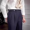 Pantaloni classici da uomo a vita alta con piega singola e fibbia decorativa, blu scuro o grigio antracite