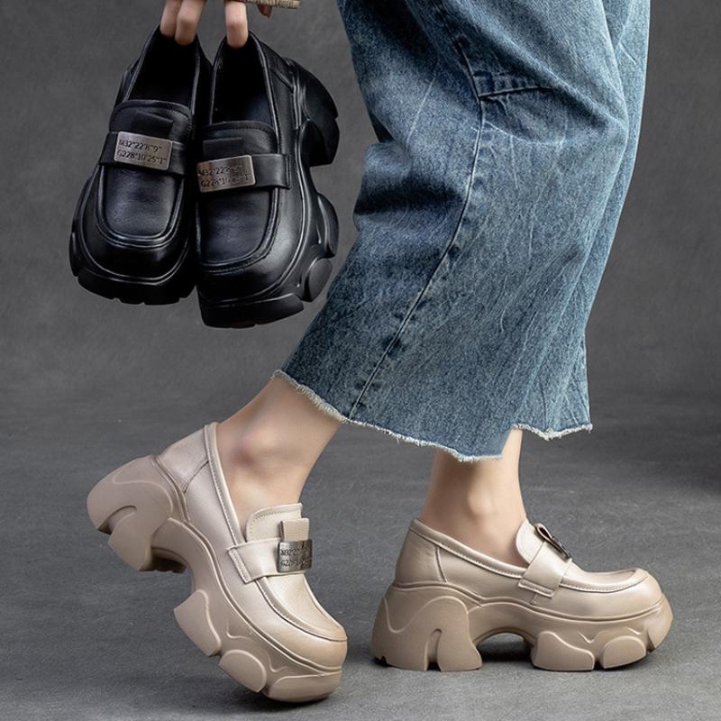 Johnature Heightening Loafers Genuine Leather Slip-on Pumps Fashion Versatile Women's Platform Shoes