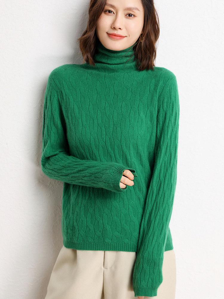 Women's Loose Fit Cashmere Cable Knit High Neck Sweater - Autumn & Winter.