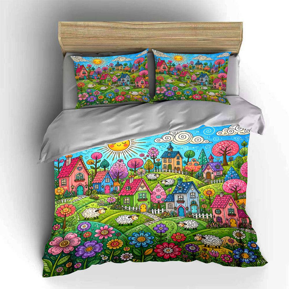 Colorful Village And Sunshine Cartoon Print Soft Comfortable Duvet Cover Bedding Set Included 1*Duvet Cover 2*Pillowcases