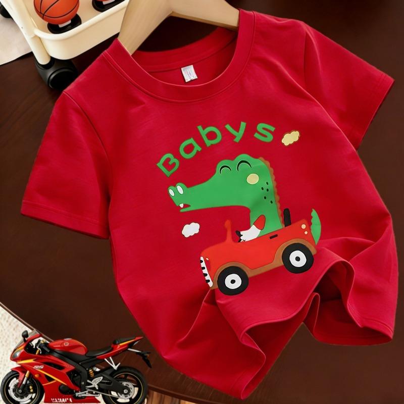 Boys Dinosaur Red Car Print Crewneck Summer Casual Sports T-Shirt