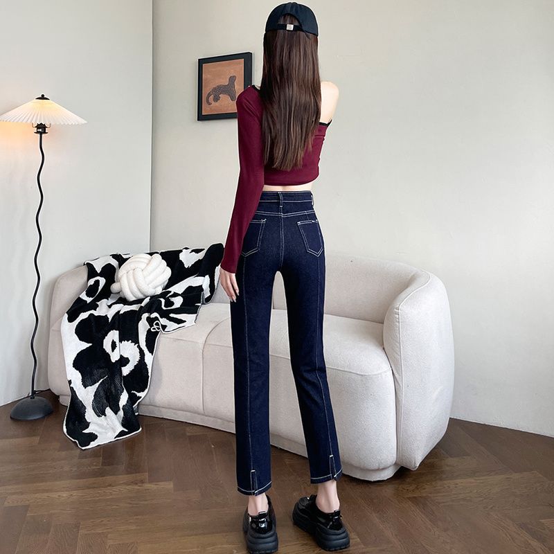 Nine-point Smoke Pipe Jeans for Women In Spring and Autumn New High-waist Elastic Slim Small Narrow Version Straight Pants