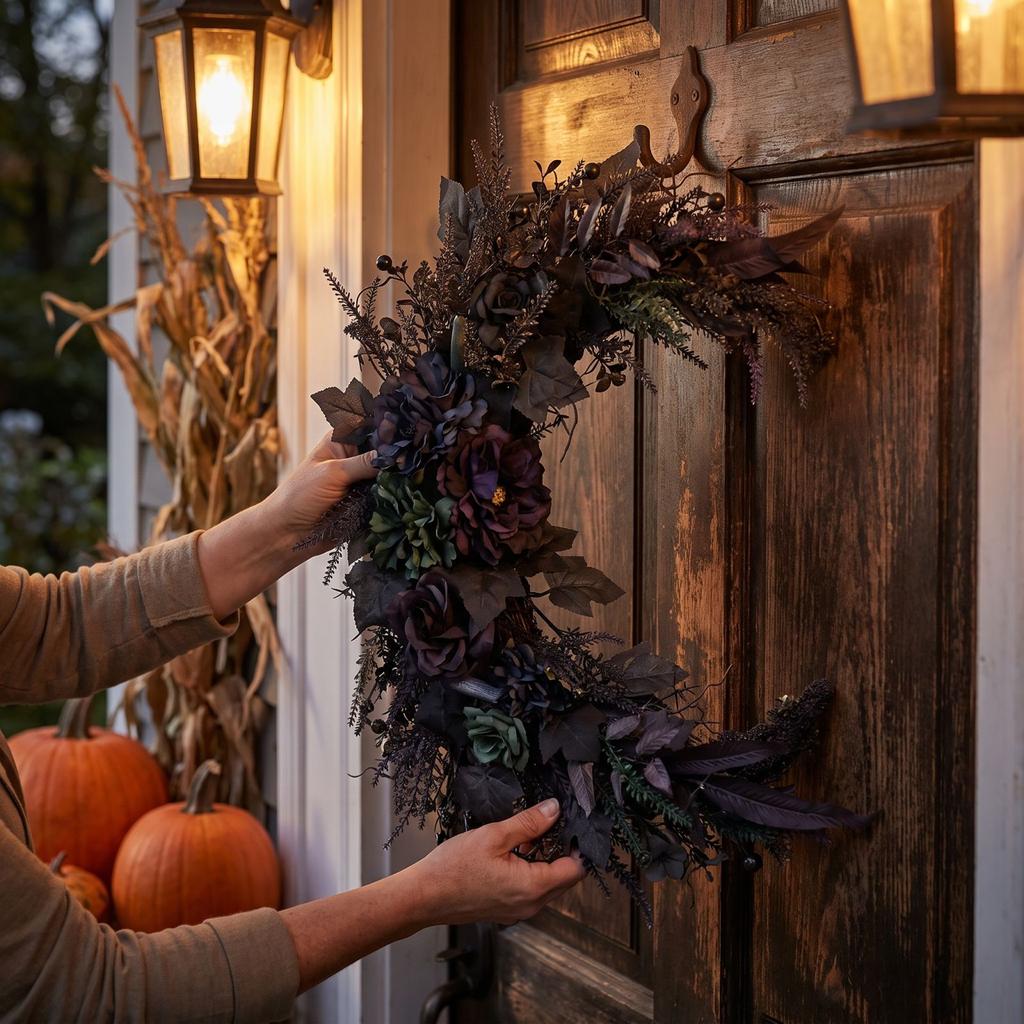 Artificial Flower Wreath for Halloween Front Door Decor, Fall Porch Decoration