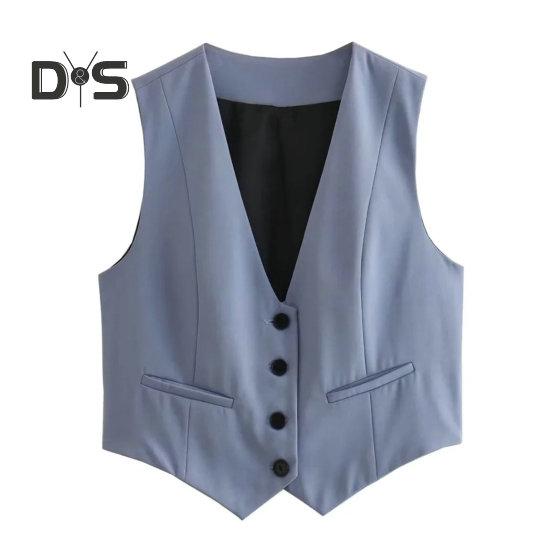 

Летний женский жилет без рукавов с v-образным вырезом, однобортный, с маленькими карманами, облегающий однотонный укороченный жилет, пальто, рабочая одежда L синий