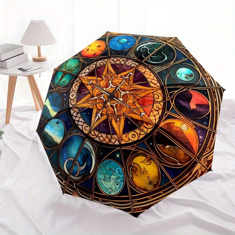 Astrological Wheel Stained Glass Wall Art Umbrella, Cute Umbrella with Cute Design, Portable 3-Fold Compact Umbrella for Men & Women, Valentine's Day