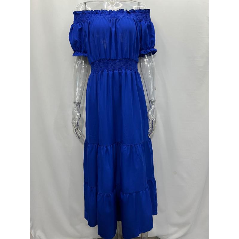 Off Shoulder Maxi Dress Short Sleeve Smocked Elastic High Waist Tiered Ruffle Flowy A-Line Casual Beach Vacation Daily Wear Solid Color Long Dress
