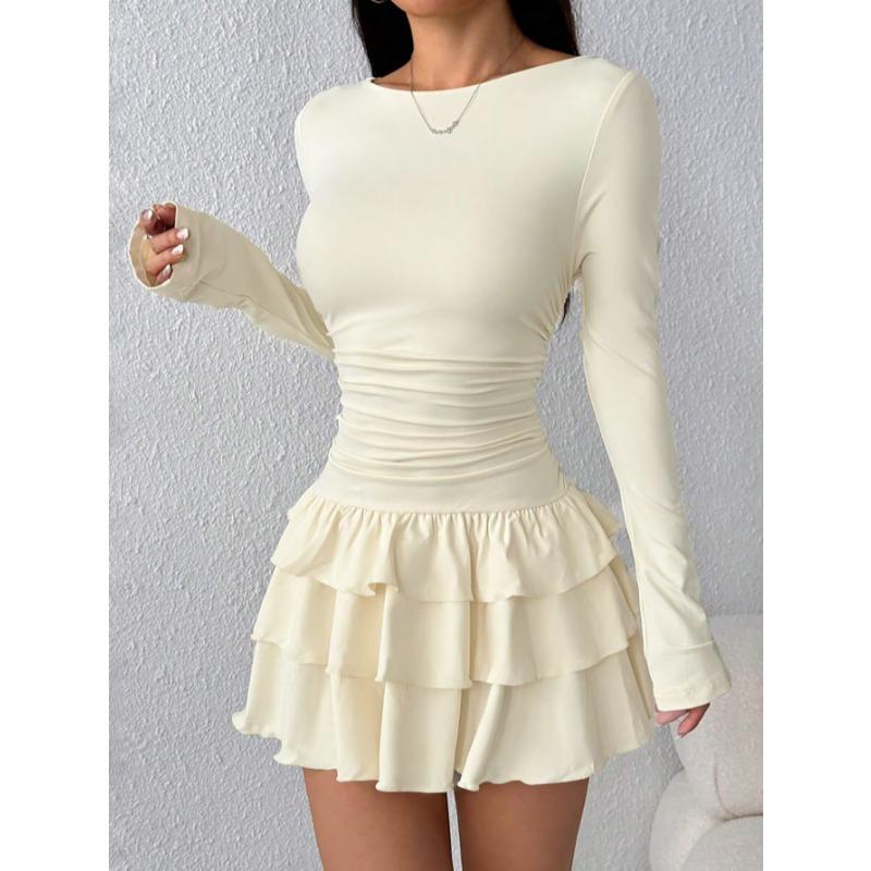 Elegantes Langarm Figurbetontes A-Linien-Stufenkleid mit Rüschen Neu Einfarbig Sexy Freizeit Party Abendkleider Damenmode Frühling Sommer Kleidung