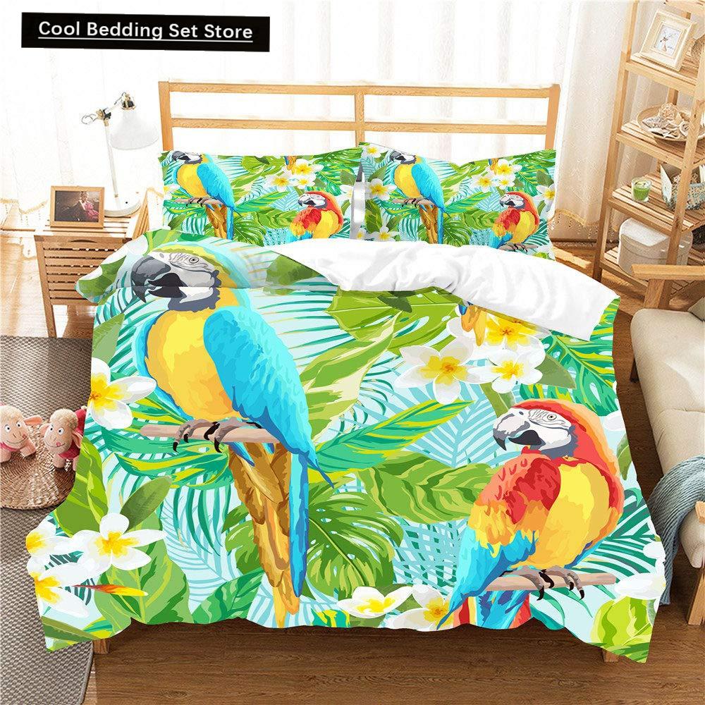 Parrot King Queen Duvet Cover Colourful Feather Bedding Set Rain Trees Bird Quilt Cover Sunset Mountain Natural Comforter Cover