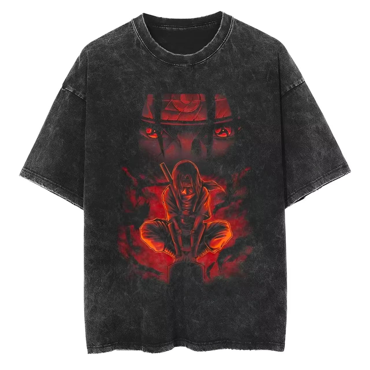 Itachi Uchiha T Shirt Naruto Men Acid Wash Anbu Crow Anime Graphic Cotton Streetwear Manga Mangekyo Sharingan Vintage Tee M