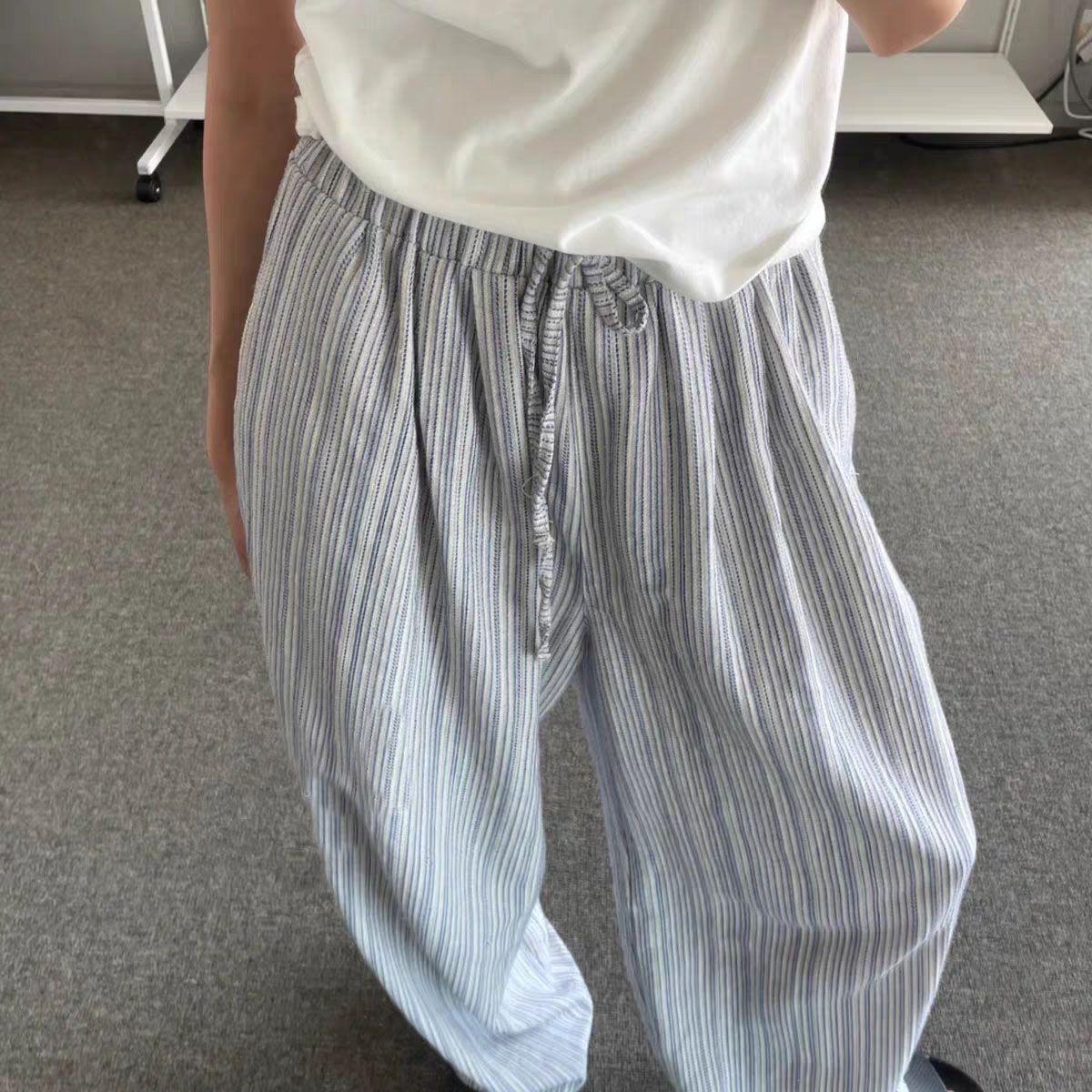 

Летние корейские минималистичные ленивые винтажные тонкие синие полосатые брюки на кулиске с эластичной талией свободного кроя 2XL