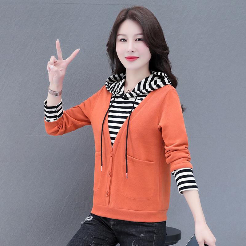 Women's Korean-Style Casual Button Hoodie Long-Sleeve Loose Slimming Layered Look Pullover Top