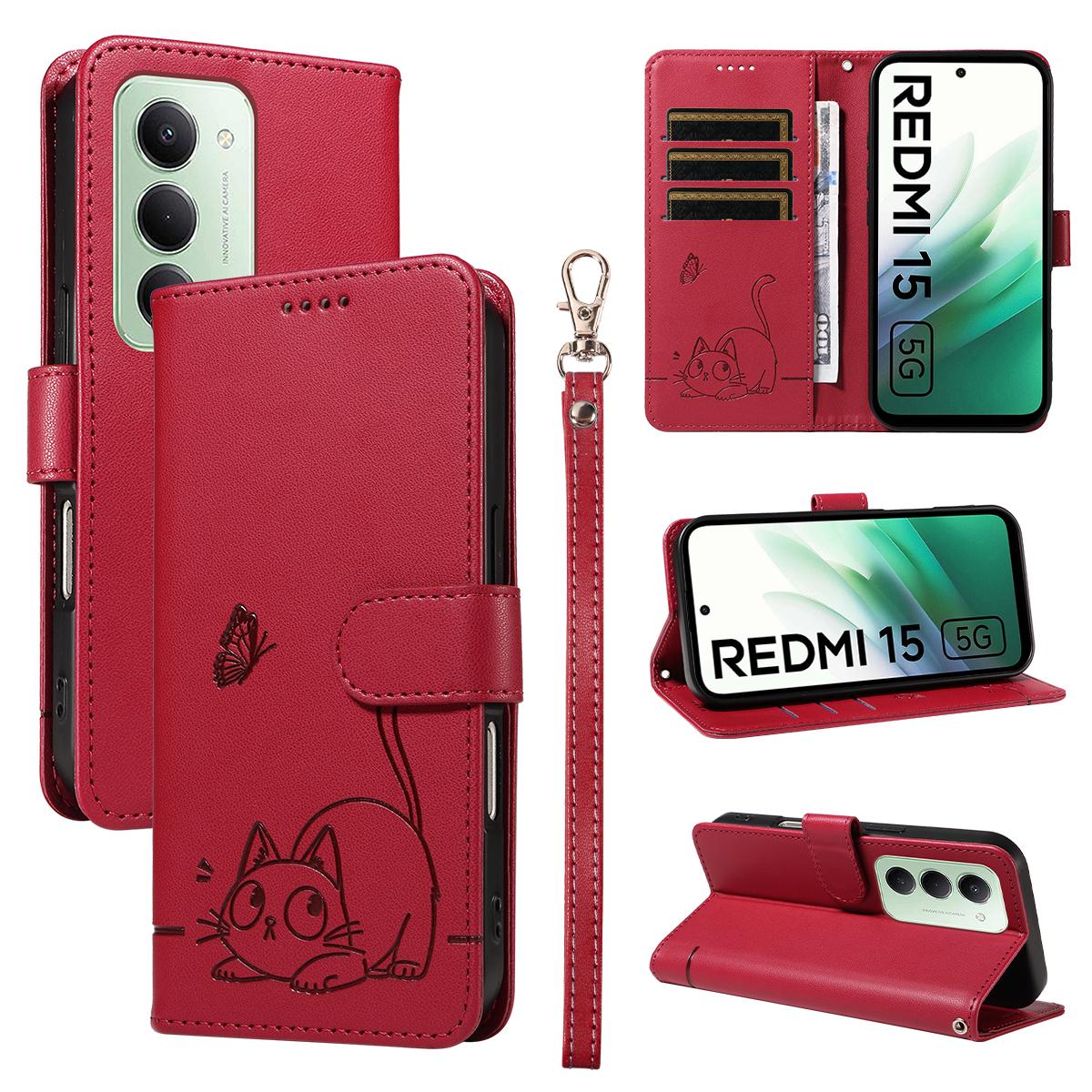 

Для Xiaomi Redmi 15 4G (Європа) (171мм) Чохол Шкіряний Чохол для Телефону з Тисненням Візерунка Кішки та Ремінцем на Зап ястя