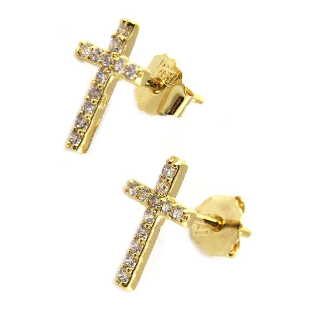 Les Trésors De Lily [N6918] - White Gold 'Cross' Gold Plated Earrings - 12x7 Mm