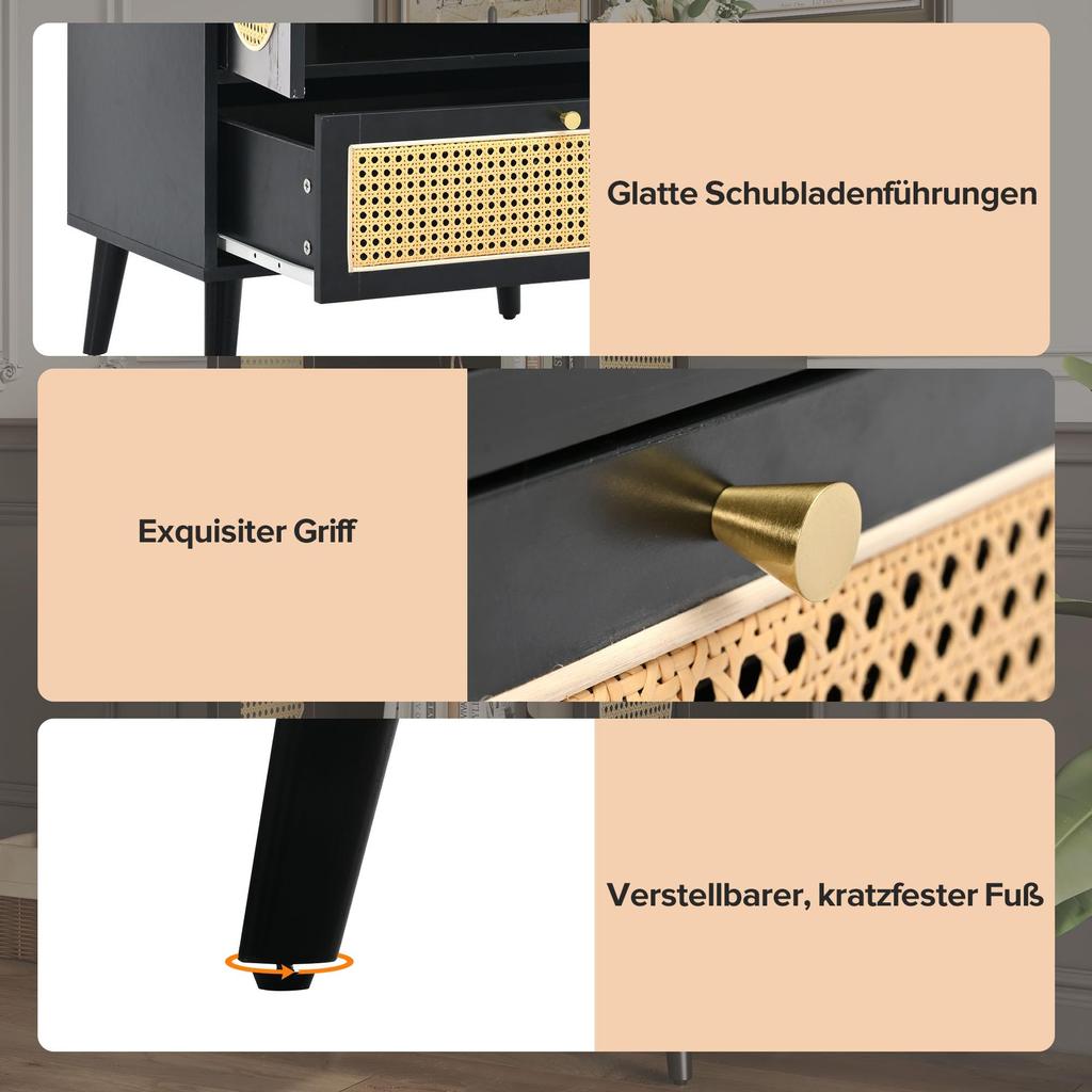 Kommode 2 Türen 1 Schubladen, Modern Highboard Küchenschrank aus Holz Rattan Türen, Schlafzimmer & Wohnräume & Büro, Schwarz, 60 x 40 x 110,5 cm